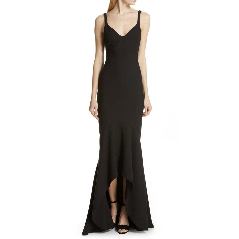 CINQ a SEPT Black V-Neck Sweetheart High Low Asymmetric Mermaid Maxi Gown 0